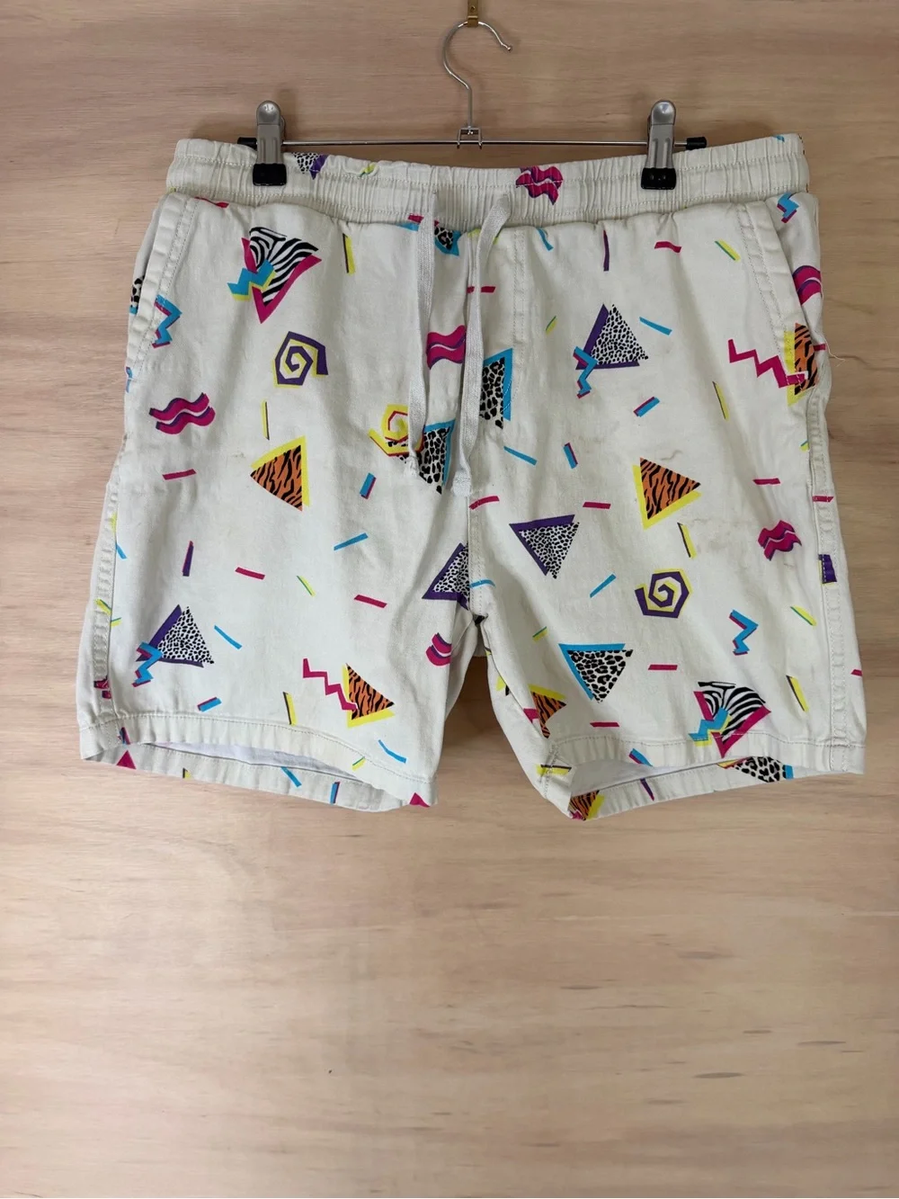 Men's white Athletic Shorts with Neon Geometric Print Size XL